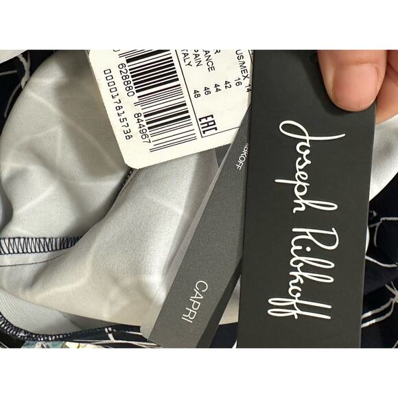 Joseph Ribkoff navy blue white floral wide legs belted crop pants size 14 - Picture 7 of 13